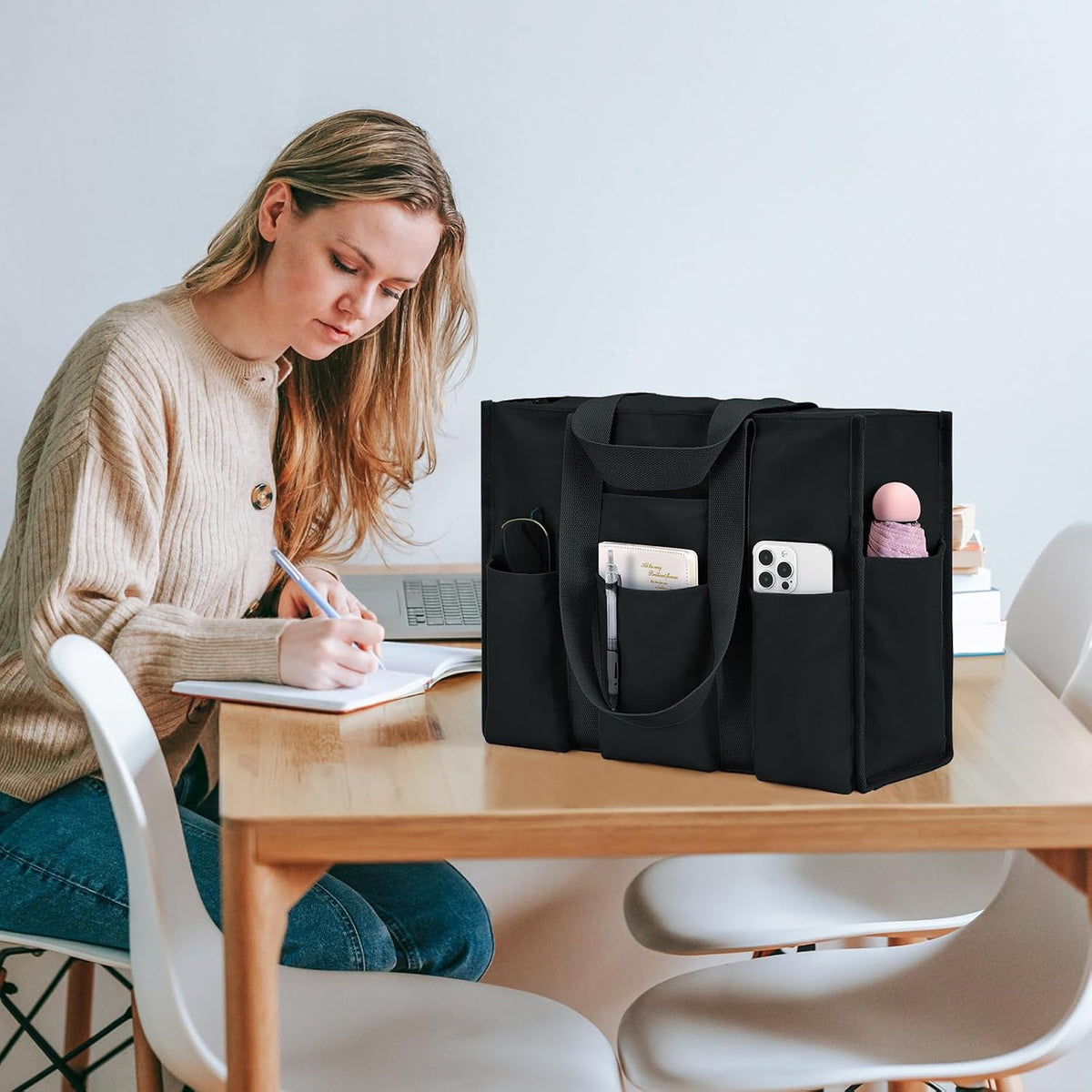 Large Tote Bag for Women Waterproof with 12 Pockets Top Zipper Closure Utility Teacher Nurse Bags for Work School