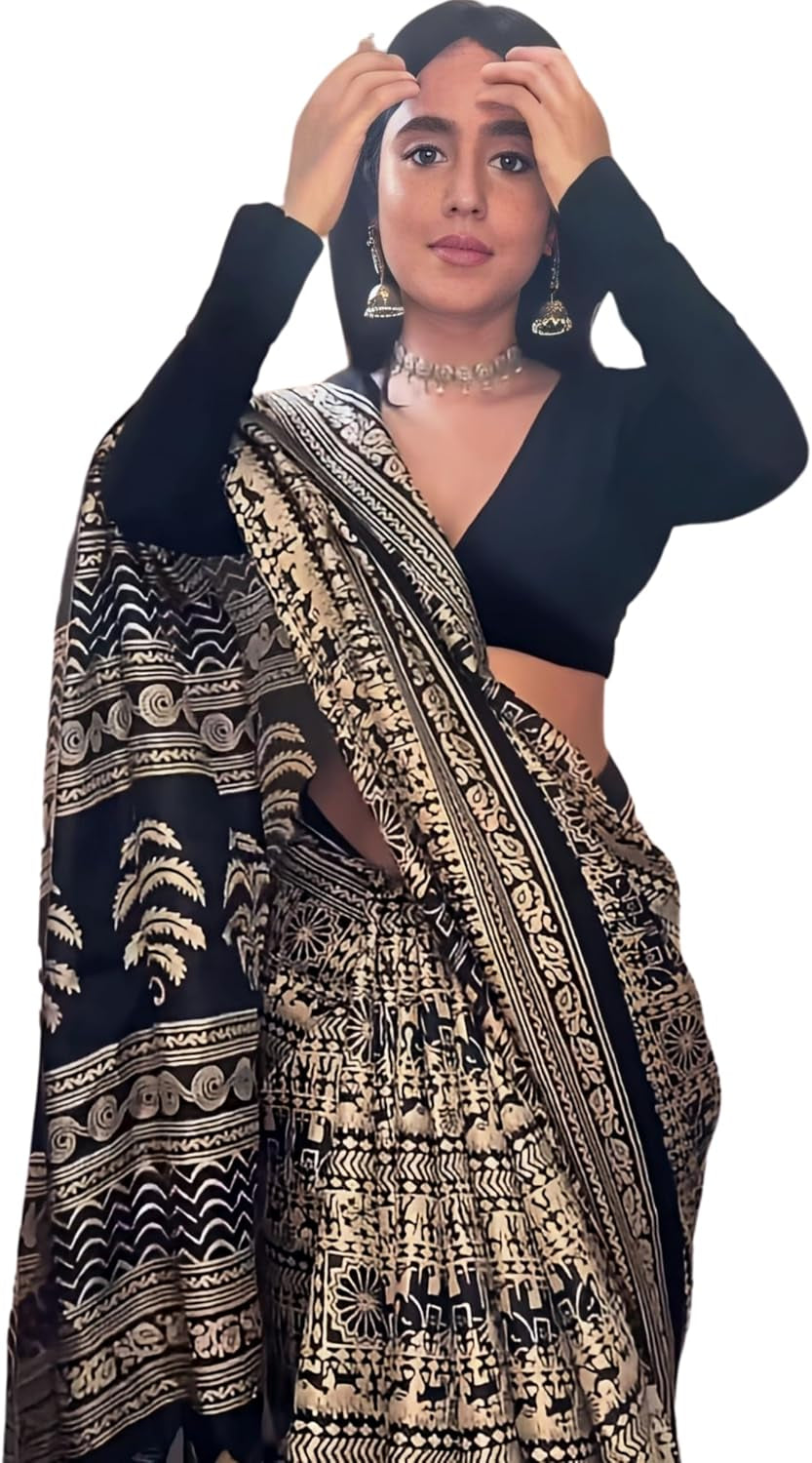 Ladies Cotton Silk Kalamkari Print Sari with Blouse