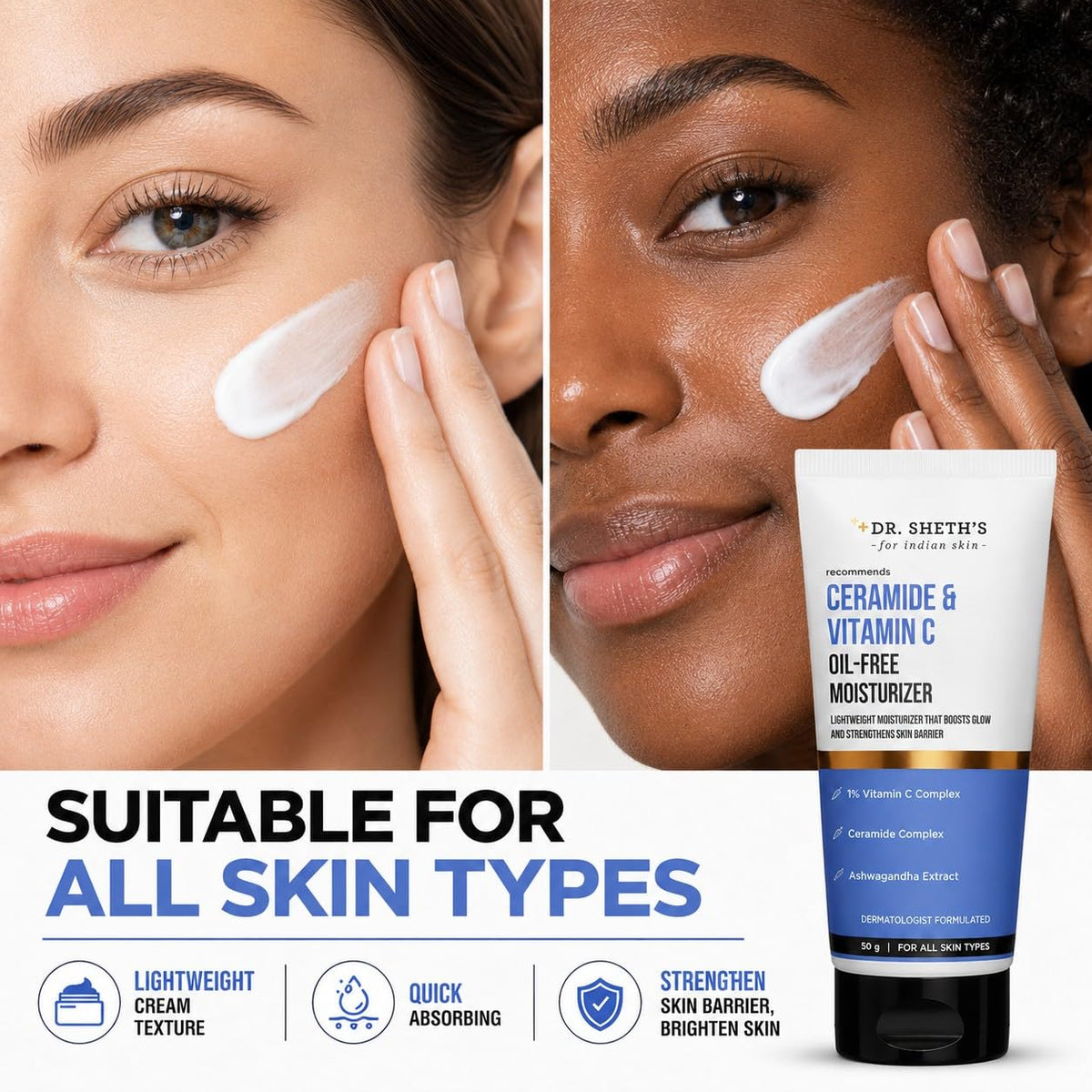 Ceramide & Vitamin C Oil-Free Face Moisturizer for Oily Skin - Lightweight Ceramide Moisturizer with Vitamin C & Ashwagandha, Hydrates & Brightens, Men & Women, 1.76 Oz (50G)