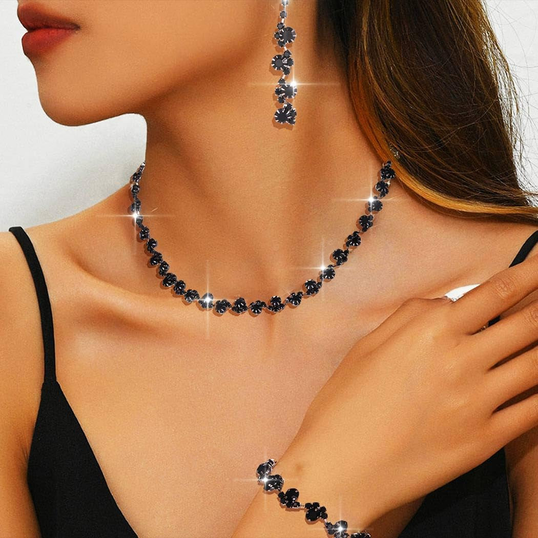 Bridal Wedding Jewelry Set Silver Rhinestones Choker Necklaces Earrings Bracelet Sets Prom Jewelry for Women and Brides